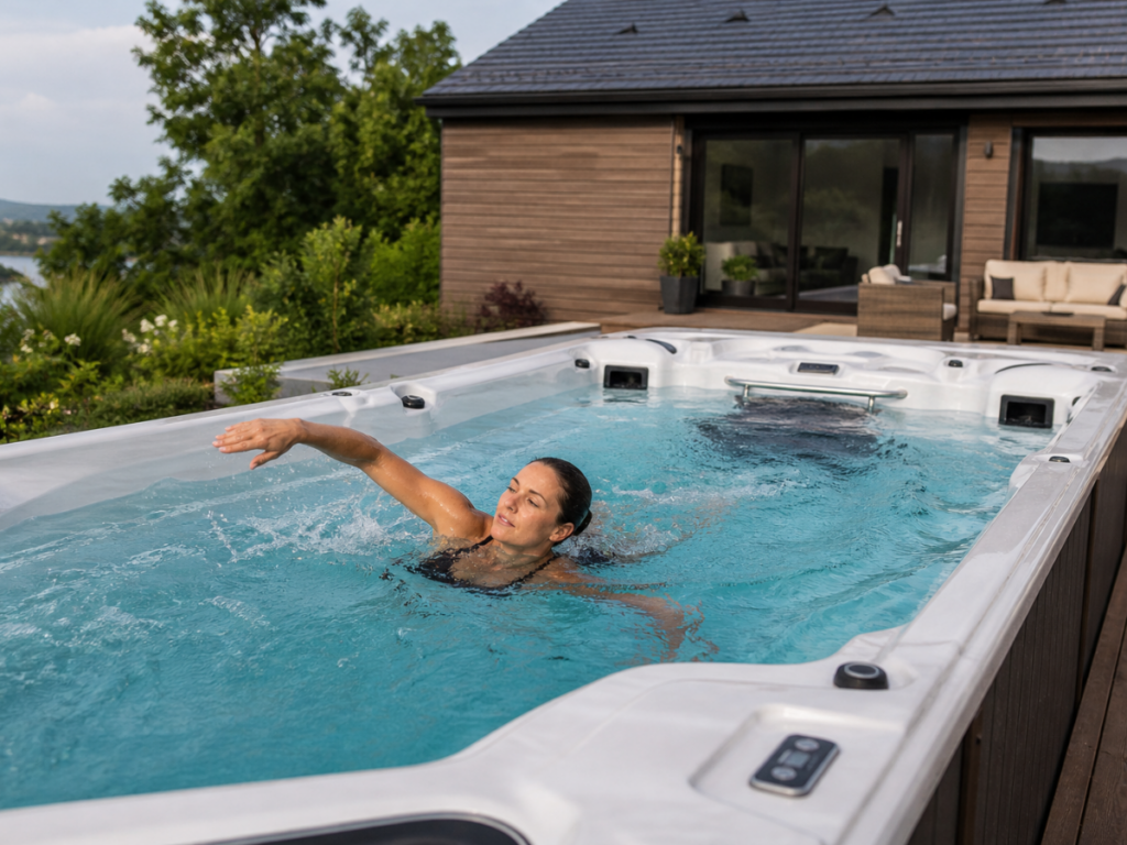 A person swims in an exercise pool beside a modern house, with trees and stylish outdoor seating visible in the background.