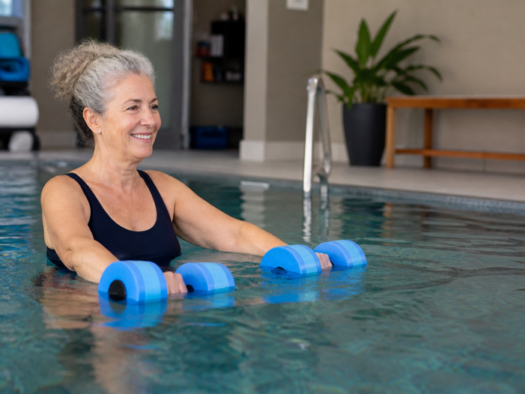 Older woman in a swimsuit exercises with blue foam dumbbells in an indoor exercise pool, smiling and looking ahead.