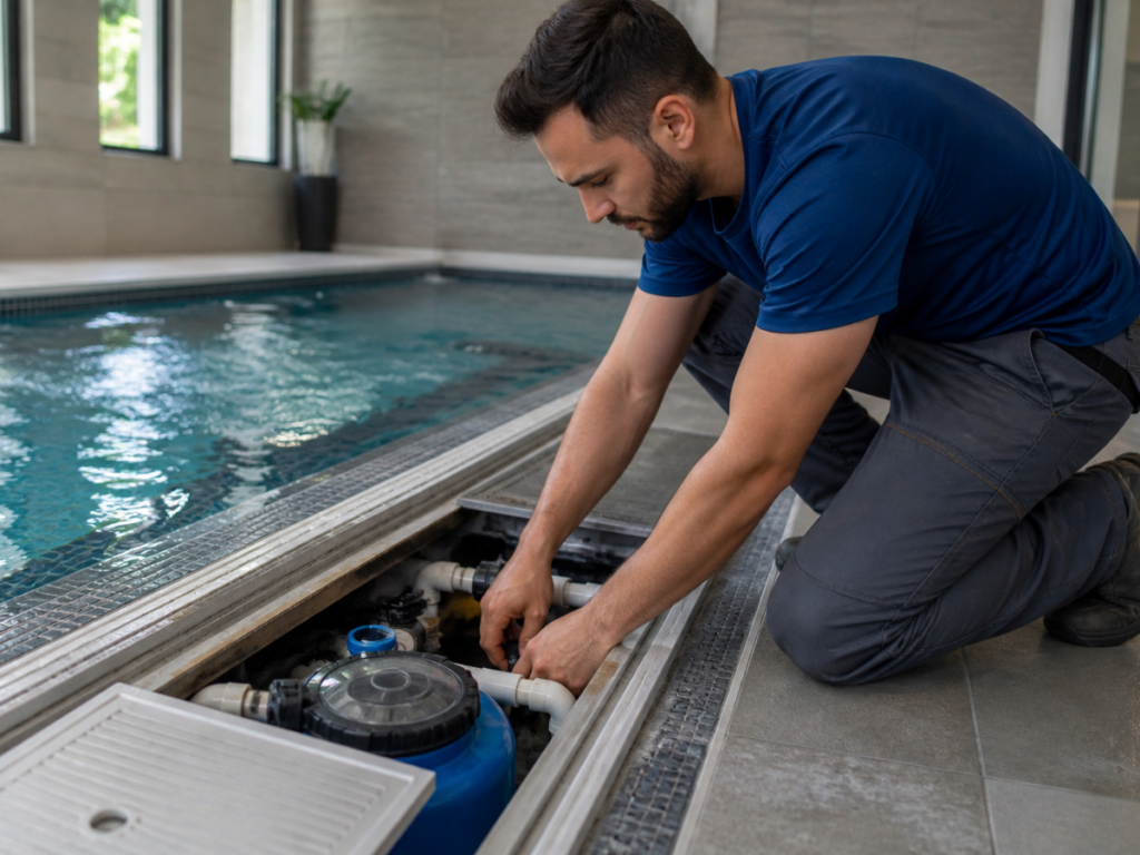 A man kneels beside an indoor exercise pool, inspecting and adjusting equipment in an open maintenance panel next to the pool.