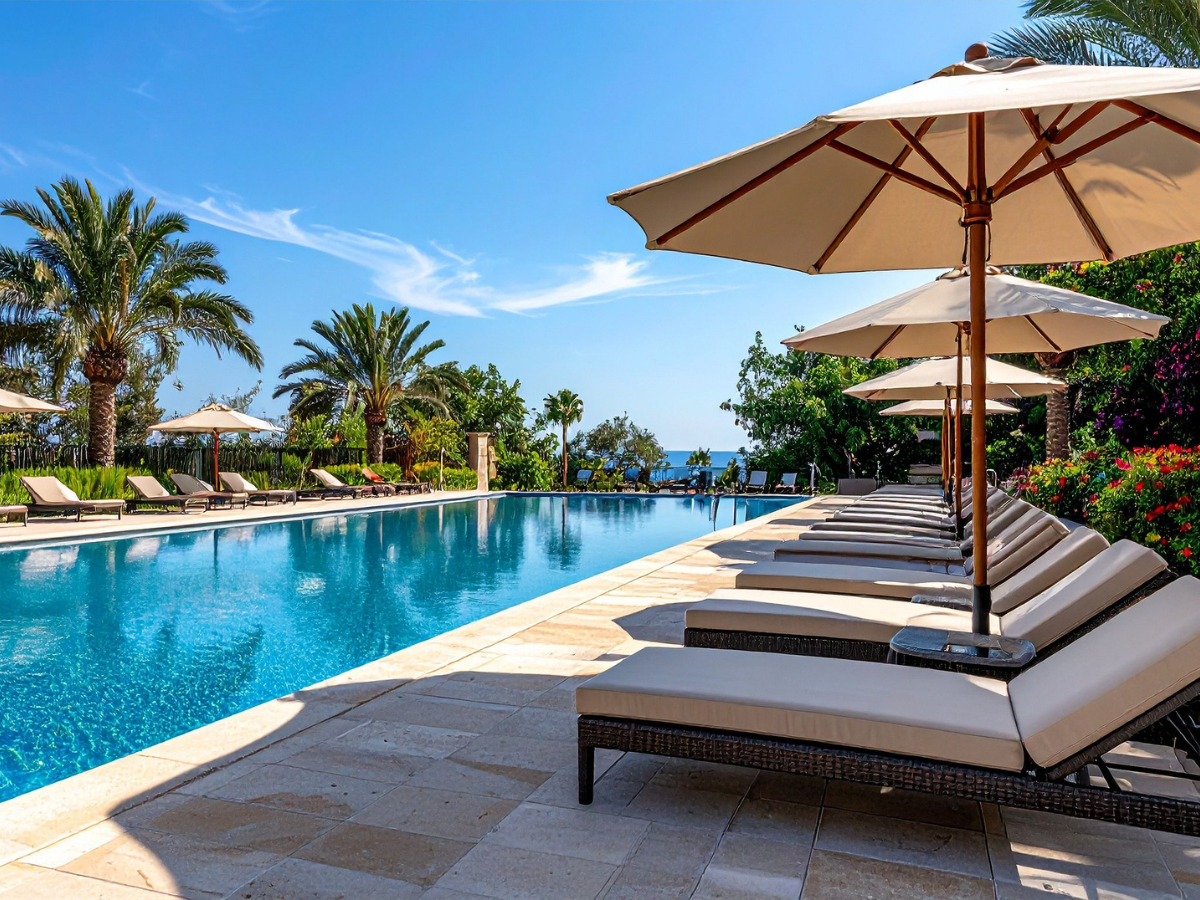 Row of lounge chairs and umbrellas beside an outdoor swimming pool, surrounded by palm trees and greenery under a clear blue sky—perfect for summer relaxation as pool season begins.