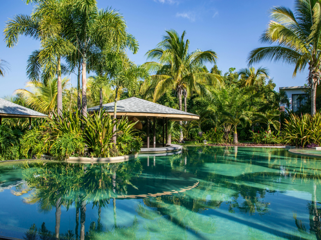 A clear swimming pool with a beach entry, surrounded by tropical plants and trees, features a small pavilion in the center under a blue sky.