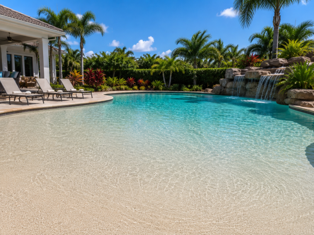 Large backyard pool with clear water, rock waterfall, palm trees, lounge chairs, and bright sunlight under a blue sky&mdash;this inviting oasis features a gentle beach entry pool design for easy access and relaxed lounging.