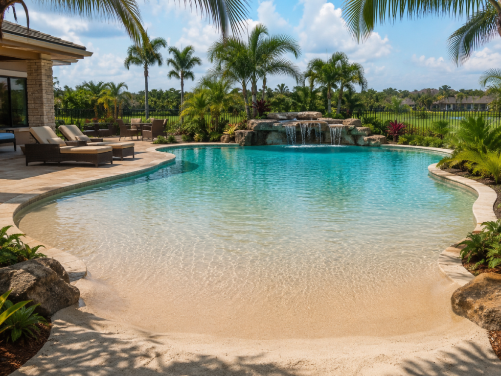 A backyard pool with a sandy beach entry, characteristic of beach entry pools, is surrounded by palm trees, lounge chairs, and a rock waterfall, all set beneath a partly cloudy sky.