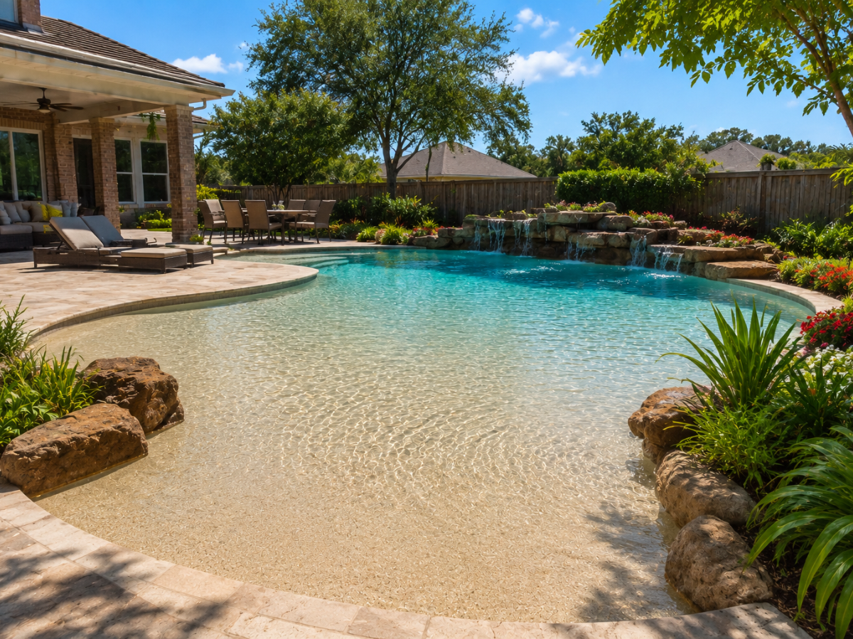 Backyard swimming pool with a beautiful beach-style entry reminiscent of modern beach entry pools, featuring a rock waterfall, lounge chairs, trees, and landscaped plants under a clear blue sky.