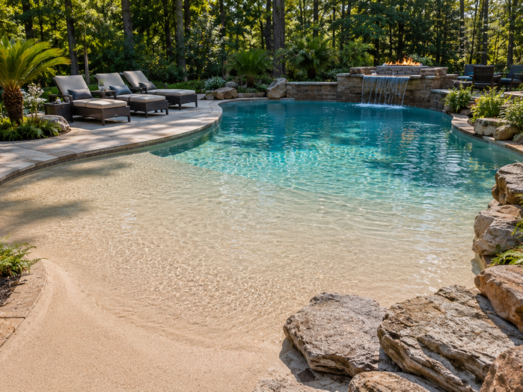 A stunning swimming pool with a beach entry, lounge chairs, natural rocks, and a tranquil waterfall feature is surrounded by lush trees and greenery. This inviting oasis perfectly showcases the appeal of beach entry pools, providing easy access and a seamless transition from deck to water.