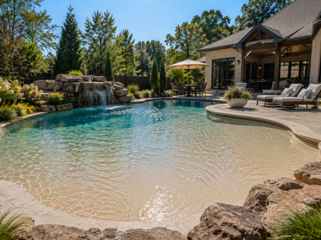 A backyard pool with a waterfall feature and inviting beach entry pools, surrounded by plants, lounge chairs, and a shaded patio area attached to a house on a sunny day.