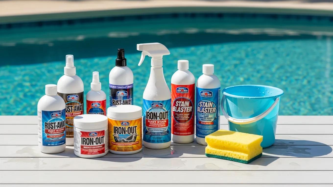 Display of rust stain removal products on a poolside table, highlighting effective cleaning solutions