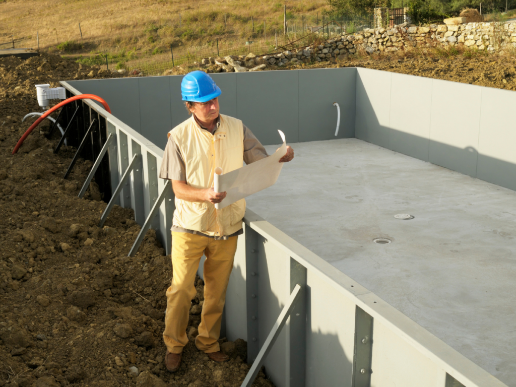 A person wearing a blue hard hat examines blueprints while standing next to an empty, partially constructed pool at a construction site, likely considering the many fiberglass pool benefits during the planning process.
