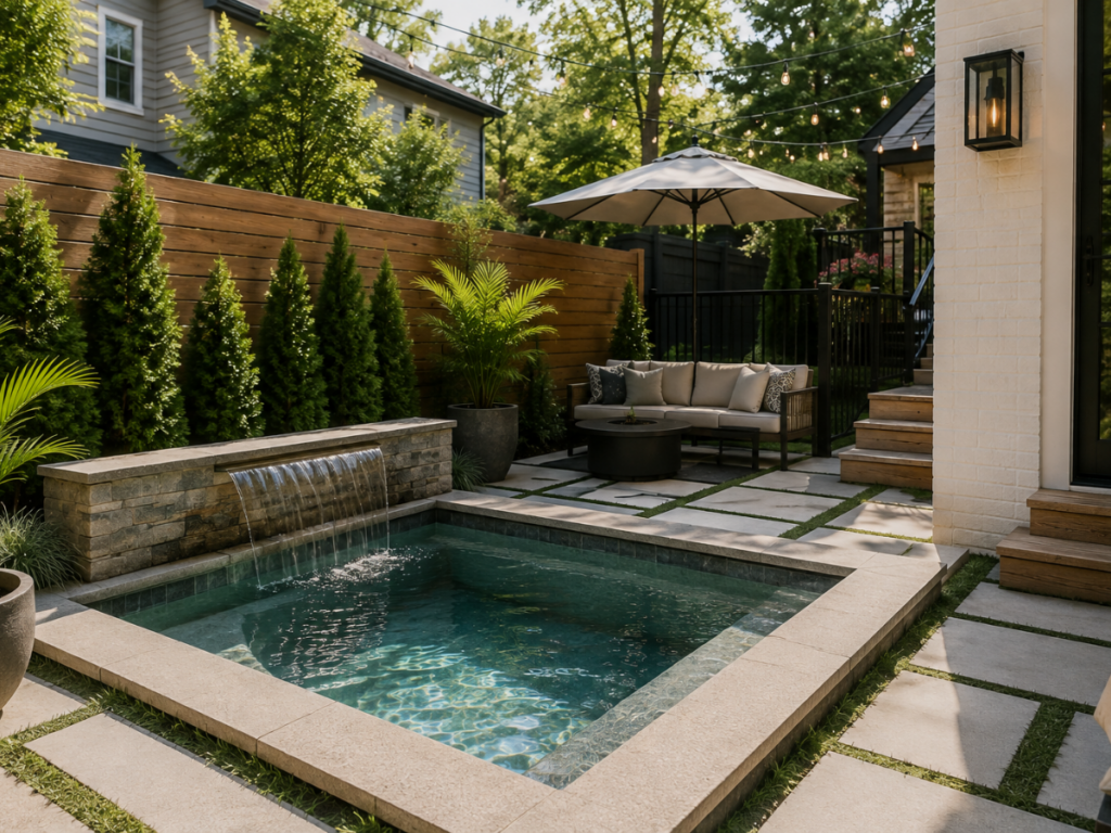 A small backyard plunge pool with a stone waterfall, surrounded by patio seating, potted plants, and a fence lined with greenery offers fresh inspiration for plunge pool ideas.