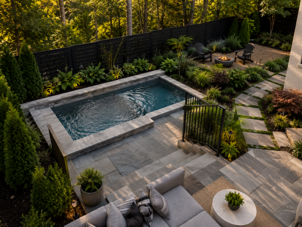 Modern backyard with a small rectangular plunge pool, stone patio, black fence, lush greenery, outdoor seating area, and a fire pit surrounded by Adirondack chairs&mdash;perfect for those seeking stylish plunge pool ideas.