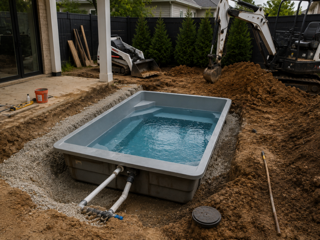 A small rectangular plunge pool is partially installed in a backyard, surrounded by dirt, pipes, construction tools, and a small excavator&mdash;offering inspiration for unique plunge pool ideas in outdoor spaces.