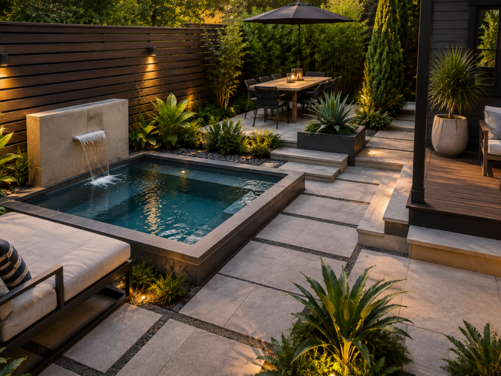 Modern backyard with a small square plunge pool, inspiring those seeking fresh plunge pool ideas, complemented by a water feature, outdoor dining table under an umbrella, lounge chairs, lush plants, and stone tile pathways.