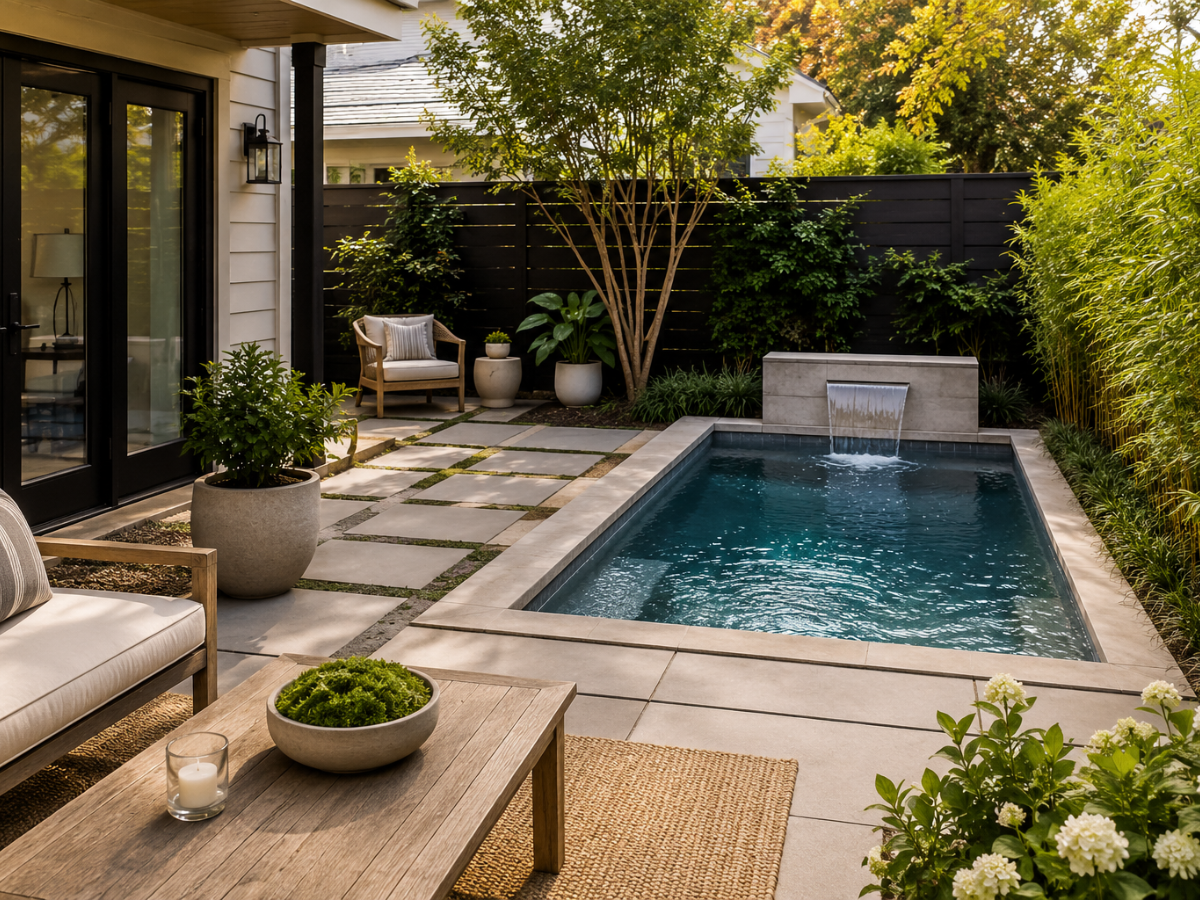 A small backyard features a rectangular plunge pool with a waterfall, surrounded by potted plants, patio furniture, and privacy fencing&mdash;an inviting example for those seeking modern plunge pool ideas.